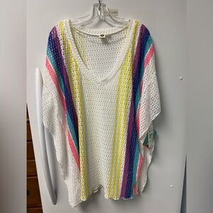 Roxy Crochet V-Neck Tunic Cover-Up in White with Multicolor Stripes